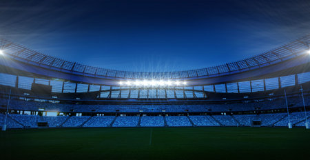 Stadium bowl is being shown in flat design with floodlights illuminating grass pitch, copy space. Arena, outdoor, architecture, lighting, sport, landscape, structureの写真素材