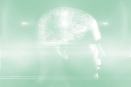 Digitally composite image of human brain in green lightsの写真素材