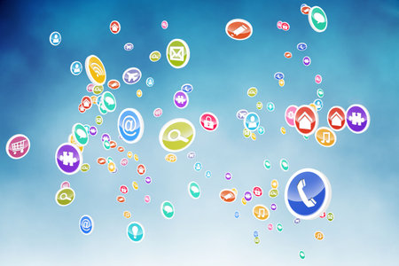 Colorful flat design app icons are floating across soft blue gradient backdrop in digital interface. Technology, connectivity, innovation, user interface, communication, digital, modernの写真素材