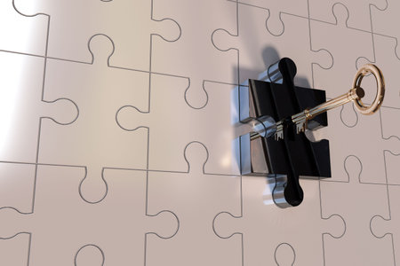 Black puzzle piece lock is holding golden key within 3D render of interlocking beige puzzle pieces. Brainstorming, security, encryption, innovation, connectivity, engineering, abstractの写真素材