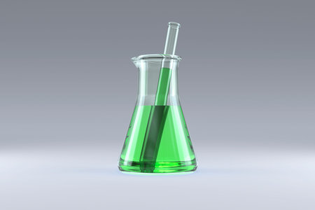 Conical flask with solution, Close-upの写真素材