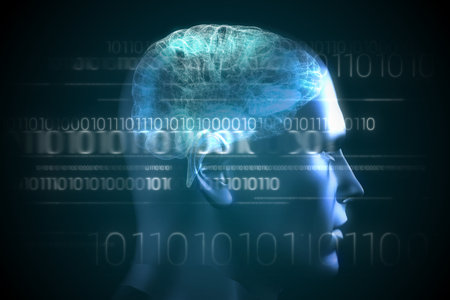 Digitally generated brain interface in blue with binary code