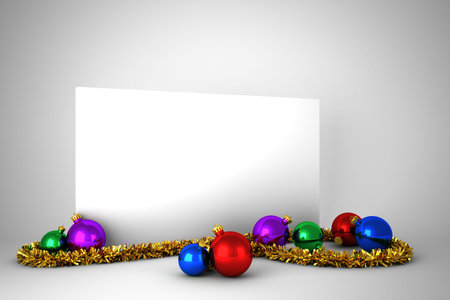 Poster with colourful christmas decorations on grey backgroundの写真素材