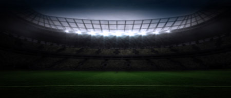 Flat design illustration is showing night stadium with lit floodlights, green field and empty seats. Stadium, night, floodlights, turf, arena, structure, architectureの写真素材
