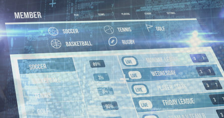 Displaying sports dashboard menu bar at virtual interface, showing sports icons and LIVE badges....