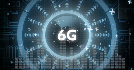 Radiating central 6G label pulsating across grid, with concentric circles, arrows, data bars....