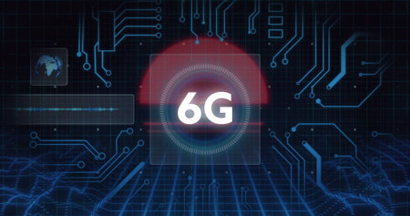 6G emblem shining in gauge on neon-blue circuit grid, with red semicircle, map icon, waveform bar. Futuristic, technology, digital, interface, cyber, neon, networkの写真素材