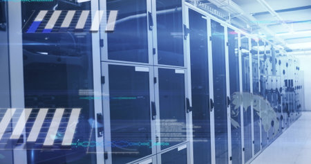 Glowing row of server cabinets humming in data center corridor, with LED lights and digital overlay....