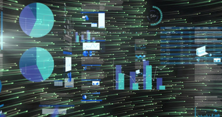 Visualizing floating data on tech dashboard showing pie, bar, line charts, tables, meters and icons. Analytics, technology, innovation, digital, interface, futuristic, data-drivenの写真素材