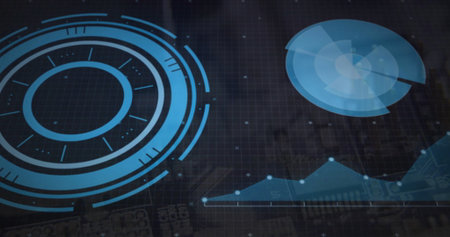 Displaying concentric HUD element on grid interface, with pie chart, line graph, glowing data dots....
