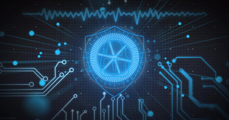 Glowing holographic shield displaying propeller fan symbol over grid, with glowing circuit lines....