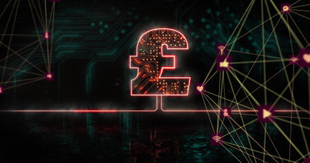 Displaying neon red circuitboard pound sterling symbol on floor, with golden lines nodes and icons. Futuristic, digital, network, innovation, technology, cybersecurity, abstractionの写真素材