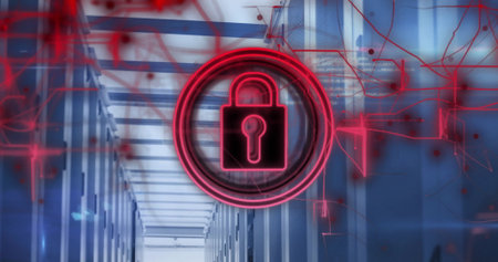 Projecting neon lock icon overlay emitting signals in server rack corridor, with red circuits....