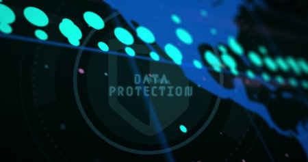 Floating shield icon and DATA PROTECTION text drifting over network interface with teal nodes....