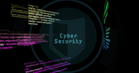 Displaying shield icon protecting data in cybersecurity dashboard, with code snippets and data bars....
