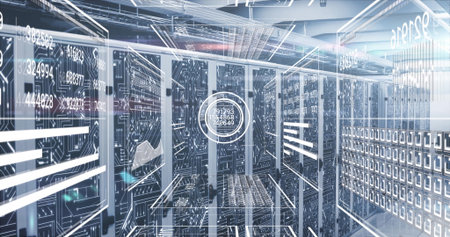 Displaying server racks projecting holographic overlays and LEDs in data center aisle, with cables....