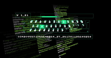 Floating keyboard showing version label and progress bar in digital space, code and numeric string. Holographic, futuristic, digital, interface, cybersecurity, innovation, technologyの写真素材