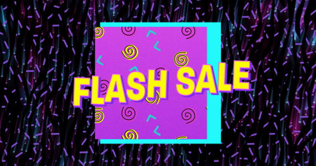 Displaying bold FLASH SALE text glowing over patterned magenta square, neon graphic design backdrop. Vibrant, futuristic, abstract, digitalart, advertisement, neon, eye-catchingの写真素材