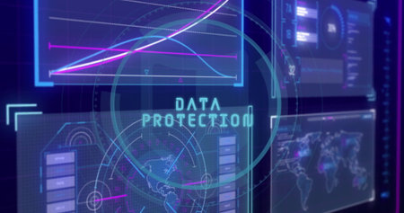 Displaying glowing DATA PROTECTION overlay in cybersecurity control room, with holographic panels....