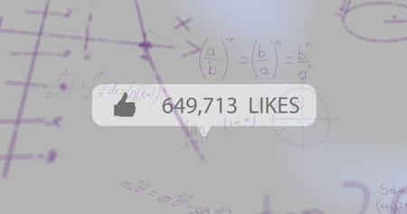 Displaying notification bubble showing '649,713 LIKES' and thumbs up icon over purple interface. Digital, modern, technology, innovation, data, analytics, interfaceの写真素材