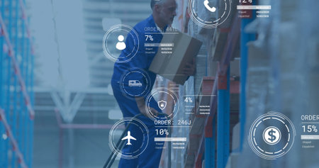 Handling depot worker in blue coveralls moving box on lower rack in depot, with digital graphics....