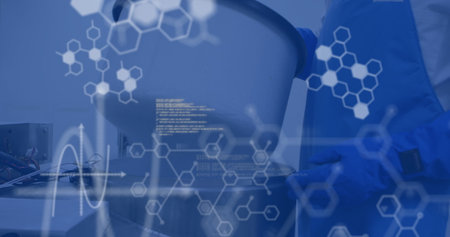 Technician wearing blue coat analyzing mixing vessel in lab, with chemical overlay, copy space. Lab...