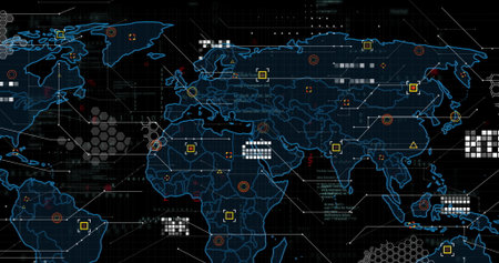 Displaying glowing blue world map outline animating across digital grid, with colored data markers....