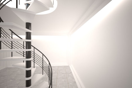 Digitally generated room with winding staircaseの写真素材