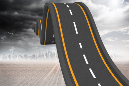 Wavy asphalt road is floating above wood deck with yellow borders, white line, lightning-filled sky. Surreal, landscape, moody, dynamic, atmospheric, futuristic, urbanの写真素材