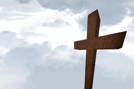 Flat design illustration is showing weathered wood-grain cross standing against cloudy sky. Religion, spirituality, faith, contemplation, serenity, minimalist, naturalの写真素材