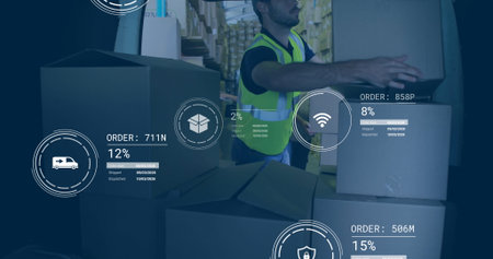 Handling warehouse worker placing cardboard box on stack in warehouse, with digital overlay icons....