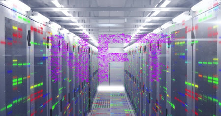 Showing server cabinets with LED lights, fiber cables and glitch overlay in data center corridor....