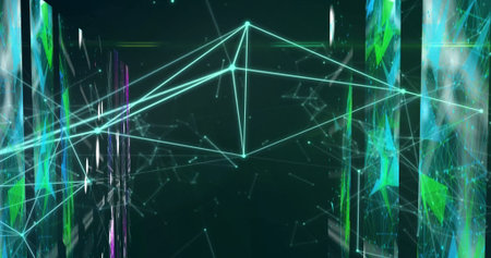 Glowing teal-green network structure pulsing in cyber interface, with nodes, lines and particles....