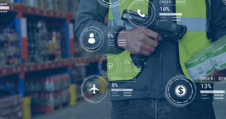 Worker in safety vest scanning packages using barcode scanner at depot, digital icons, copy space. Logistics, inventory, storage, industrial, technology, management, order fulfillmentの写真素材