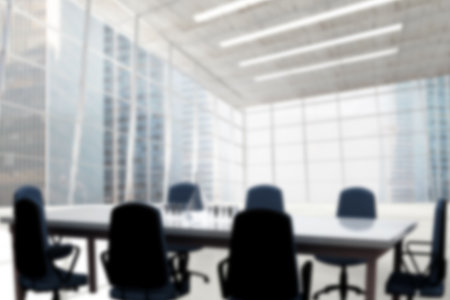 Modern conference room is featuring glossy rectangular table with black chairs and city skyline. Formal, workspace, sleek, professional, corporate, minimalist, urbanの写真素材