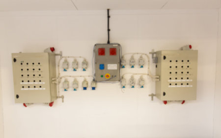 Wall-mounted electrical distribution is showing flat style with boxes, panel, sockets, cables....
