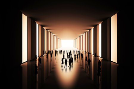 Tiny figures in black hallの写真素材