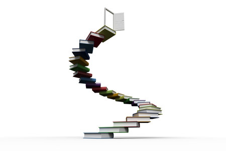Steps made out of books with open doorの写真素材