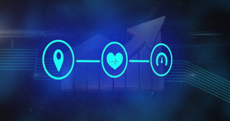 Displaying 3 glowing cyan icons in interface, with location pin, heartbeat, speedometer gauge....