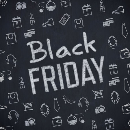 Black Friday text is appearing on chalkboard background, surrounded by chalk-drawn shopping icons. Digital, advertising, graphic, promotional, minimalist, sale, festiveの写真素材