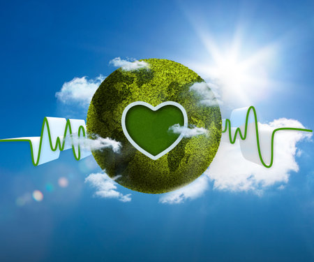 Digitally generated green earth with ecg line in skyの写真素材
