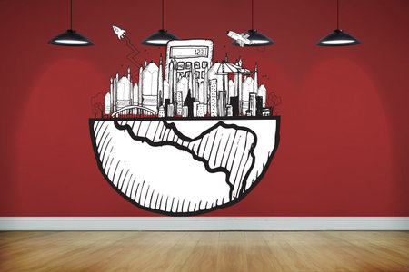 Halved world graphic in empty red roomの写真素材