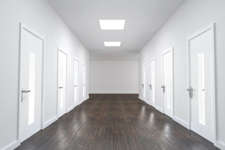 Corridor of a building with closed doors