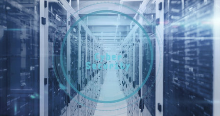 Showing server racks lining narrow data center corridor, with glowing Cyber Security interface....