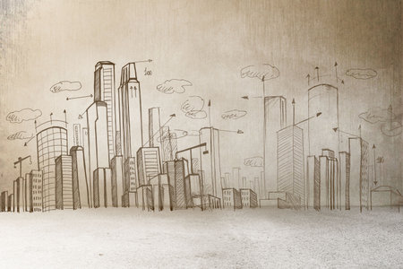 Hand-drawn pencil sketch is showing skyscraper outlines with arrows and cloud shapes on parchment. Architectural, urban, conceptual, blueprint, technical, monochrome, illustrativeの写真素材