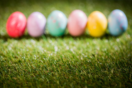 Colorful Easter eggs on grass in yardの写真素材