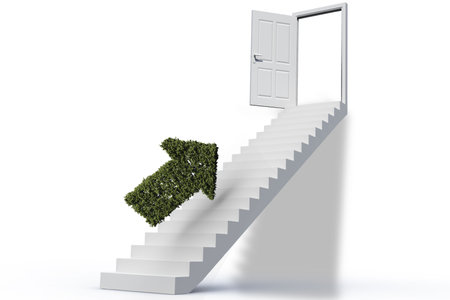 Composite image of arrow moving up towards door against white backgroundの写真素材