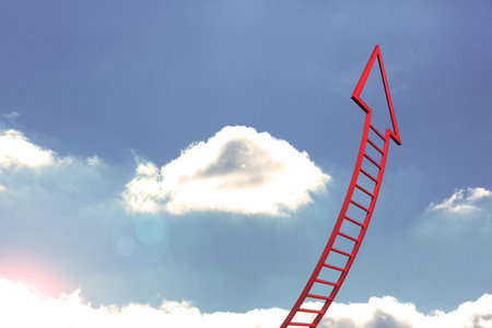 Red ladder arrow pointing up against sky