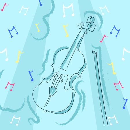 Composition of notes and violing drawing on blue background. Music and celebration concept digitally generated image.の写真素材