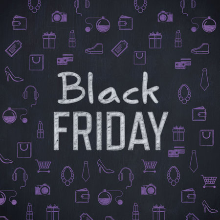 Chalkboard-style graphic showing Black Friday chalk lettering with repeating purple shopping icons. Sale, discount, retail, promotion, graphic, festive, eleganceの写真素材
